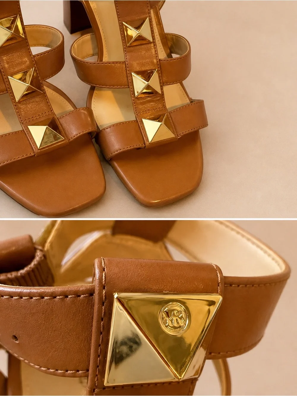 Michael Kors Tan Leather Studded Gladiator Block Heel Sandals